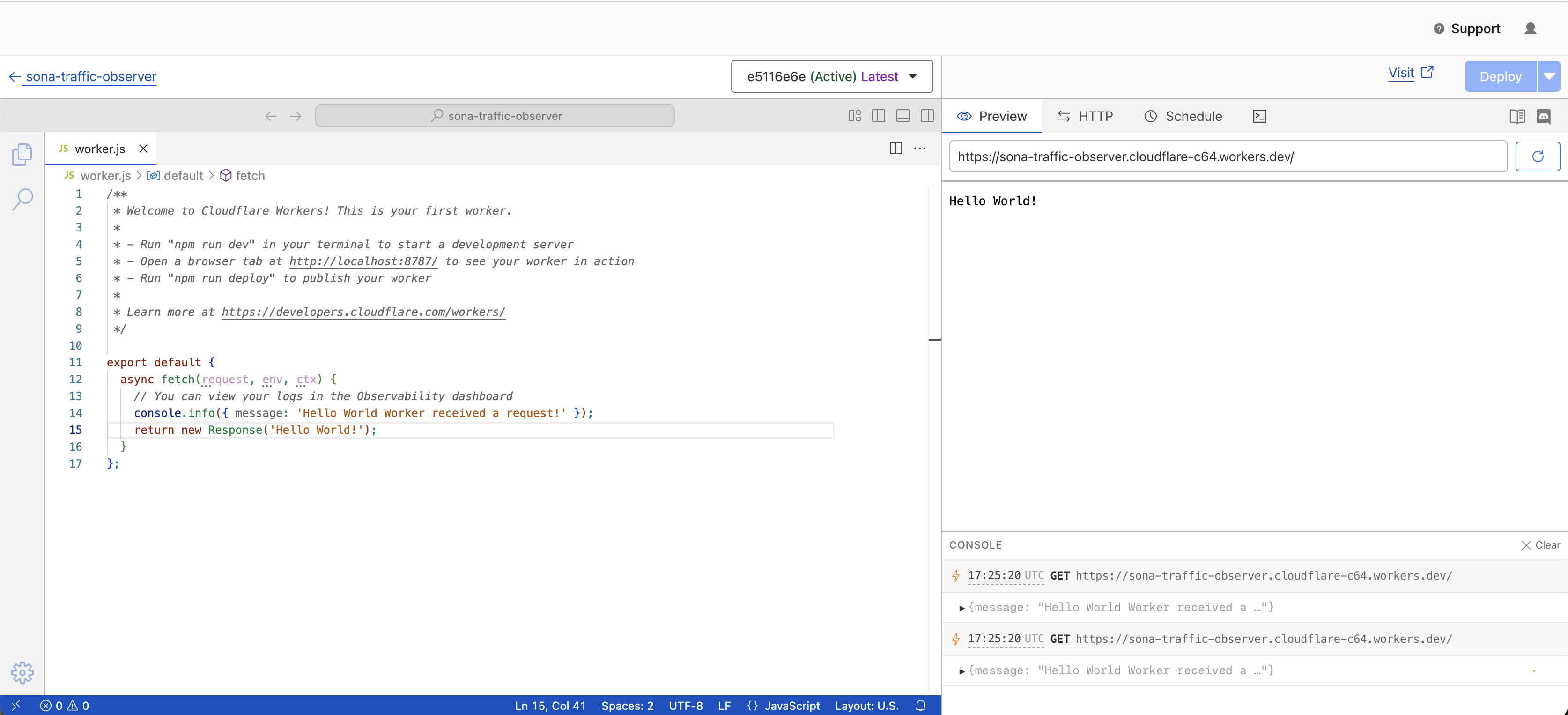 Default Hello World code in the editor