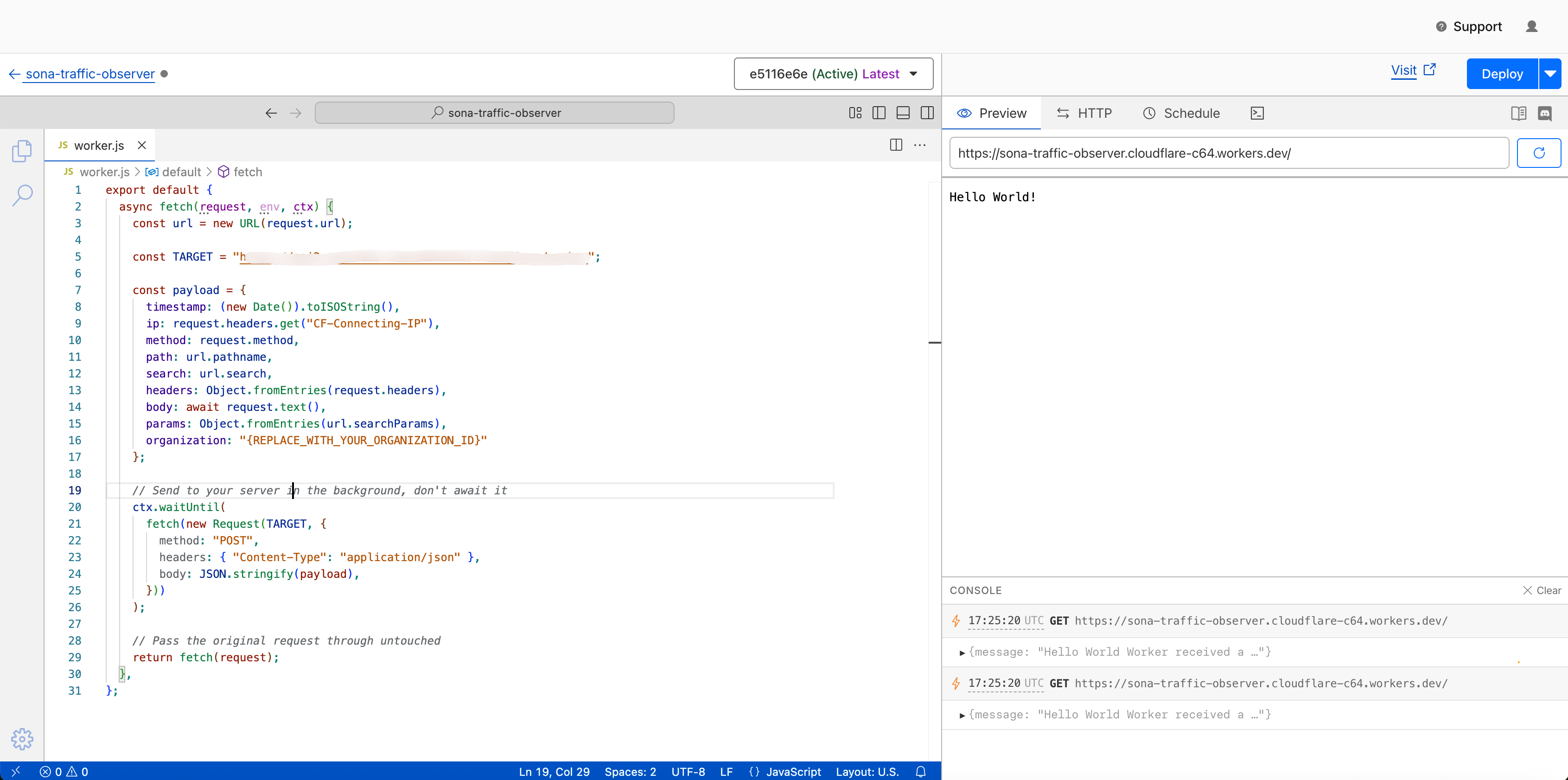 Sona worker code pasted into the editor