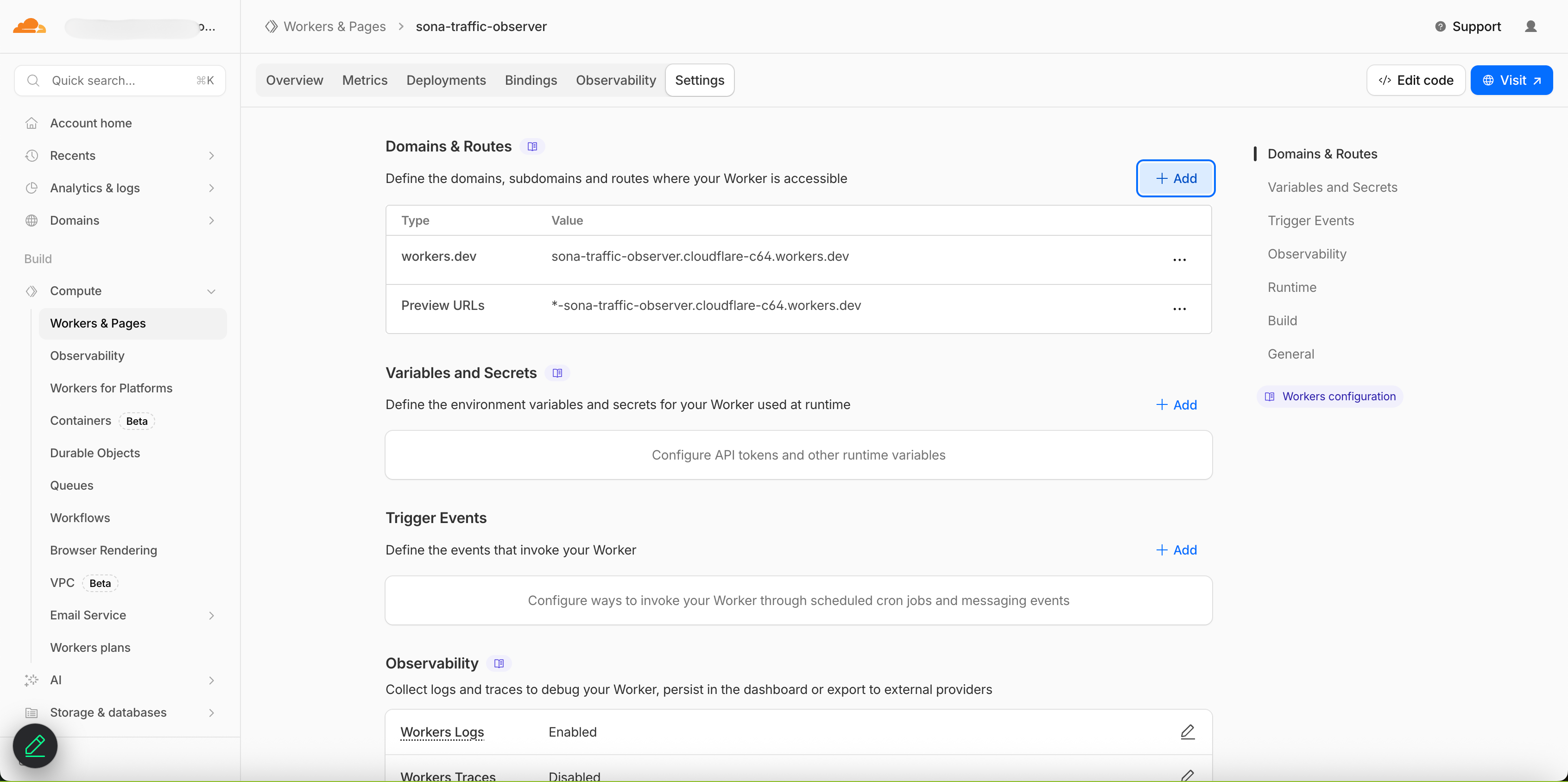 Settings tab showing Domains & Routes